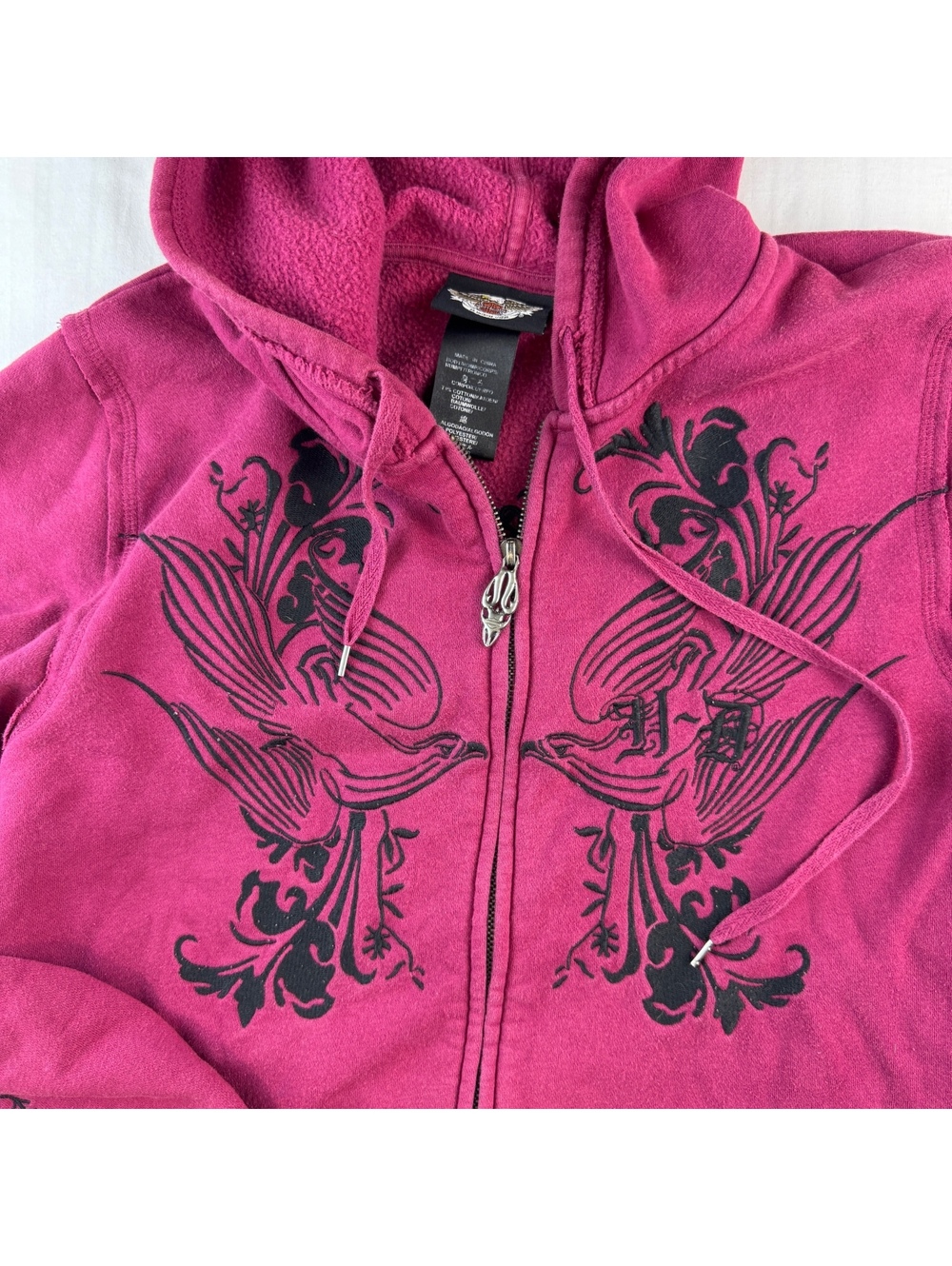 Harley-Davidson Women's Pink Zip-Up Hoodie with Black Bird Design L Large